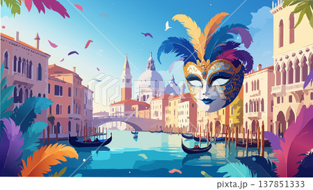 Venice carnival mask floating over grand canal Venice carnival mask floating over grand canal 137851333