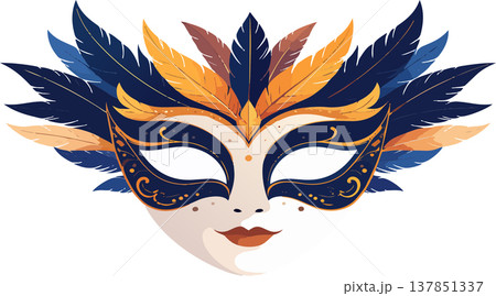 Venetian carnival mask with festive feathers and ornate patterns Venetian carnival mask with festive feathers and ornate patterns 137851337