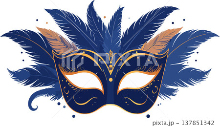 Dark blue carnival mask with feathers and gold accents Dark blue carnival mask with feathers and gold accents 137851342