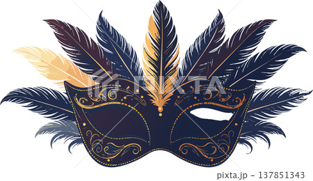 Venetian masquerade mask with feathers and gold filigree 137851343
