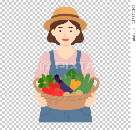 An illustration of a woman holding a basket full of freshly harvested summer vegetables. An illustration of a woman holding a basket full of freshly harvested summer vegetables. 137851502