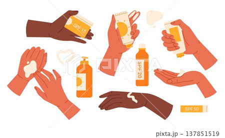 Hands use spf cream set. Sunscreen, sunblock product collection. Skin care and sun protection concept. Isolated vector illustration in cartoon style	 137851519