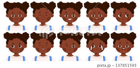Set of cute African American girl character with different facial expressions. Child avatar with various emotions as happy, sad, surprised, angry, confused and smiling. Isolated vector illustration 137851593