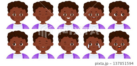 Set of cute African American boy character with different facial expressions. Child avatar with various emotions as happy, sad, surprised, angry, confused and smiling. Isolated vector illustration 137851594