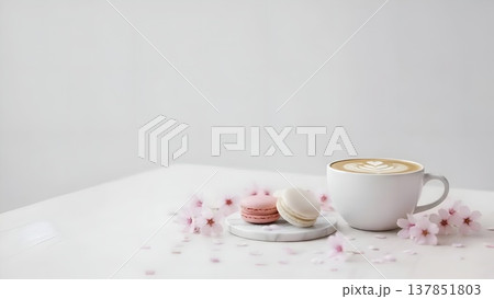 桜の花が添えられたカフェラテとマカロン　淡いニュートラルカラーの背景　コピースペース 137851803