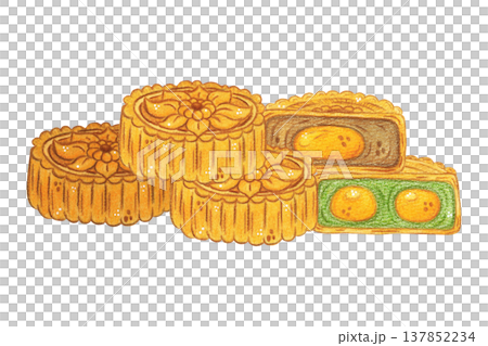 A composition of several mooncakes. Hand-drawn watercolor illustration, cartoon. Design for stickers, posters, and restaurant menus. China, food, tea, composition, mooncakes, Mid-Autumn Day 137852234
