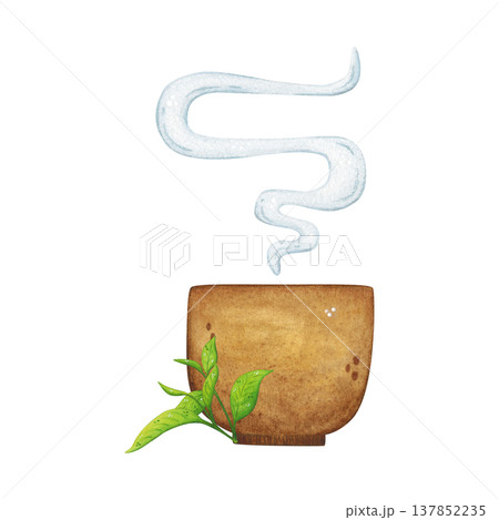 A cup of green tea and tea leaves, Chinese tea party. Hand-drawn watercolor illustration, cartoon. Design for stickers, posters, restaurant menus. China, food, drinks, tea, tableware, composition 137852235