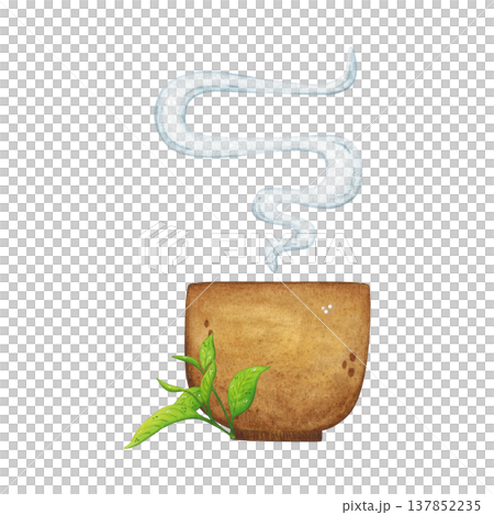 A cup of green tea and tea leaves, Chinese tea party. Hand-drawn watercolor illustration, cartoon. Design for stickers, posters, restaurant menus. China, food, drinks, tea, tableware, composition 137852235