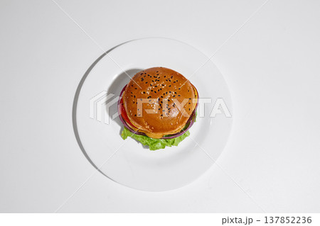 Cheeseburger top view placed on white plate on clean white background with strong shadow 137852236