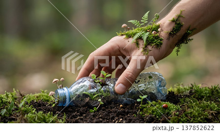 Hand planting a plastic bottle with new life growing from it in the forest Hand planting a plastic bottle with new life growing from it in the forest 137852622