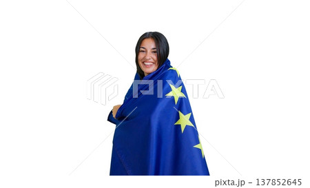 Woman embracing European Union flag smiling identity Woman embracing European Union flag smiling identity 137852645