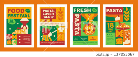 Italian pasta poster, and banner set with geometric spaghetti and food symbols, restaurant, and food branding Italian pasta poster, and banner set with geometric spaghetti and food symbols, restaurant, and food branding 137853067