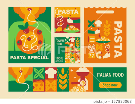 Italian pasta poster, and banner set with geometric spaghetti and food symbols, packaging design, restaurant, and food branding 137853068