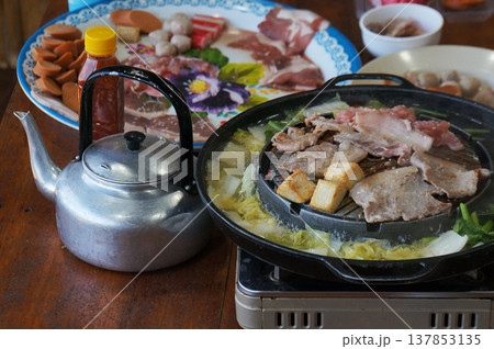 Sizzling Thai style BBQ tempting ready to be eaten. 137853135