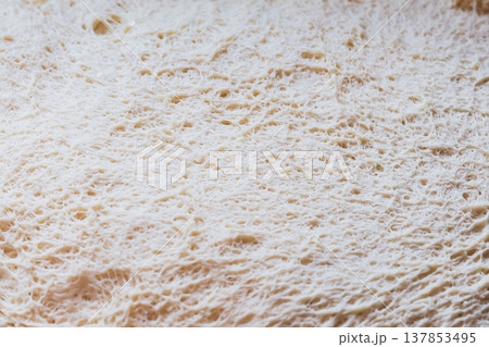 Close up of fermented bread dough showing airy gluten structure and natural bubbles before baking. Close up of fermented bread dough showing airy gluten structure and natural bubbles before baking. 137853495