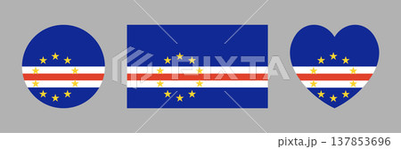 Cape Verde flag rectangular, round, heart shaped icons, stickers. National sign templates. Flag of Cape Verde button, banner, badge. Circular, rectangle, heart symbols. 137853696