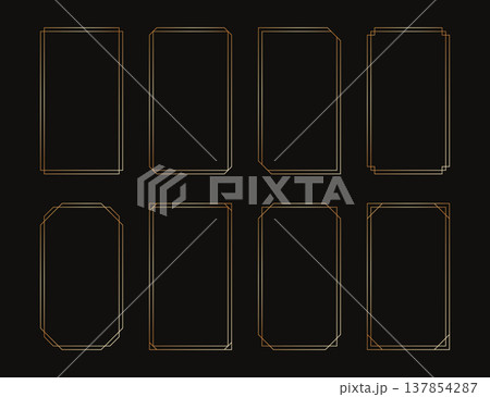 Thin golden frame set in art deco style. Luxury modern line rectangle gold borders. Brass glowing shiny boarder element pack for photocard. Vector illustration isolated on black background Thin golden frame set in art deco style. Luxury modern line rectangle gold borders. Brass glowing shiny boarder element pack for photocard. Vector illustration isolated on black background 137854287