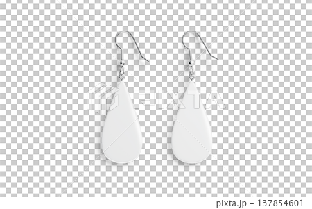 Blank white drop earring pair mockup lying png, transparent background, 3d rendering. Empty earrings hoops for female boho accessory mock up cut out. Clear stone elegance jewellery pendant template. 137854601