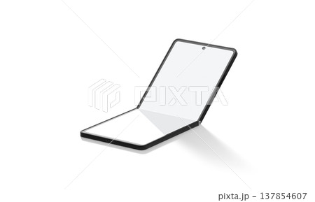 Blank flexible chamshell phone display half folded mockup png, transparent background, 3d rendering. Empty transform smartphone frame mock up cut out. Clear hi-tech innovation flex gadget template. Blank flexible chamshell phone display half folded mockup png, transparent background, 3d rendering. Empty transform smartphone frame mock up cut out. Clear hi-tech innovation flex gadget template. 137854607