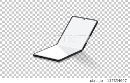 Blank flexible chamshell phone display half folded mockup png, transparent background, 3d rendering. Empty transform smartphone frame mock up cut out. Clear hi-tech innovation flex gadget template. Blank flexible chamshell phone display half folded mockup png, transparent background, 3d rendering. Empty transform smartphone frame mock up cut out. Clear hi-tech innovation flex gadget template. 137854607