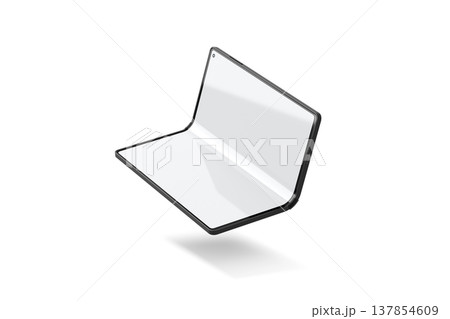 Blank white flexible book phone display half opened mockup png, transparent background, 3d rendering. Empty flip folded touchscreen mock up cut out. Clear flex innovation multi-display template. 137854609
