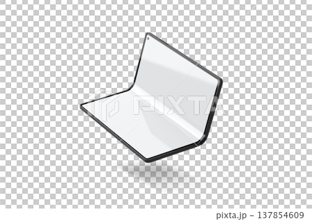 Blank white flexible book phone display half opened mockup png, transparent background, 3d rendering. Empty flip folded touchscreen mock up cut out. Clear flex innovation multi-display template. 137854609
