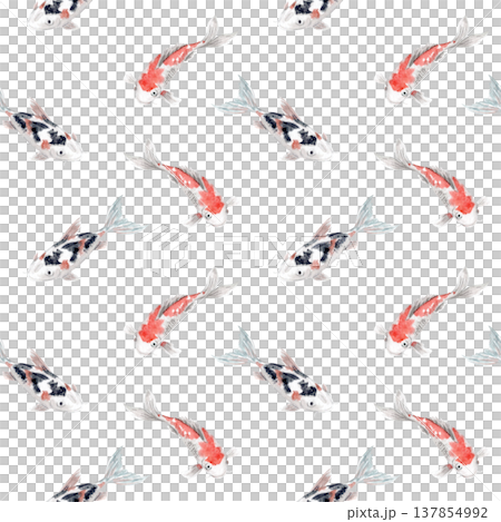 Seamless koi fish pattern with Japanese carp in red, black and white colors. Watercolor illustration isolated on white, repeating background for textile, wallpaper, wrapping paper, packaging, design Seamless koi fish pattern with Japanese carp in red, black and white colors. Watercolor illustration isolated on white, repeating background for textile, wallpaper, wrapping paper, packaging, design 137854992