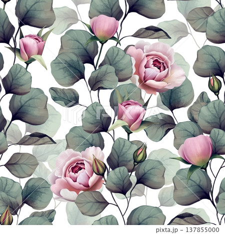 Seamless pattern with pink rose flowers, buds and green eucalyptus leaves on white background in original hand drawn illustration. Ideal for textile prints, wedding decor, wallpaper and elegant Seamless pattern with pink rose flowers, buds and green eucalyptus leaves on white background in original hand drawn illustration. Ideal for textile prints, wedding decor, wallpaper and elegant 137855000