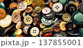 Banner close-up photo with a pile of colorful sewing buttons. Suitable for sewing, tailoring supplies, haberdashery, dressmaking and craft themes. 137855001