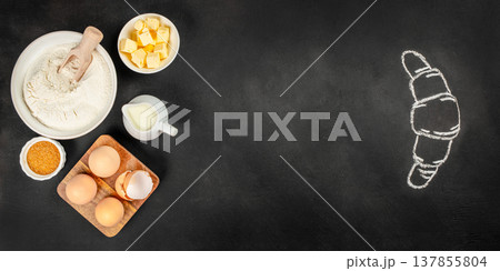 Baking Ingredients with Croissant Chalk Drawing on Black Background 137855804