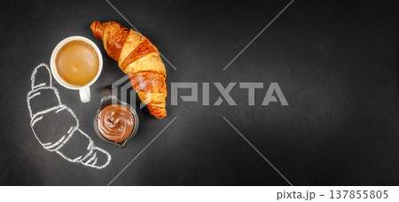 Croissants with Coffee, Chocolate Spread and Butter on Black Background Croissants with Coffee, Chocolate Spread and Butter on Black Background 137855805