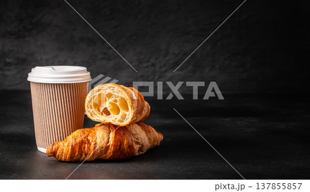 Croissants with Takeaway Coffee Cup on Black Background Croissants with Takeaway Coffee Cup on Black Background 137855857
