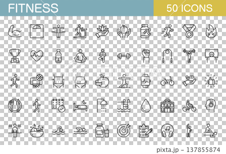 A set of LINE icons related to fitness, including weight training, dieting, and gyms. 137855874