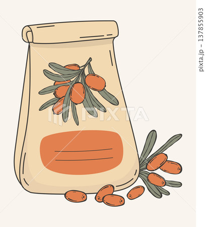 Sea Buckthorn Paper Bag Packaging. Craft Sack with Berry Branch and Label. Vector Illustration. Organic Food, Vitamin Tea, Botanical Harvest. Branding Design Template. Sea Buckthorn Paper Bag Packaging. Craft Sack with Berry Branch and Label. Vector Illustration. Organic Food, Vitamin Tea, Botanical Harvest. Branding Design Template. 137855903