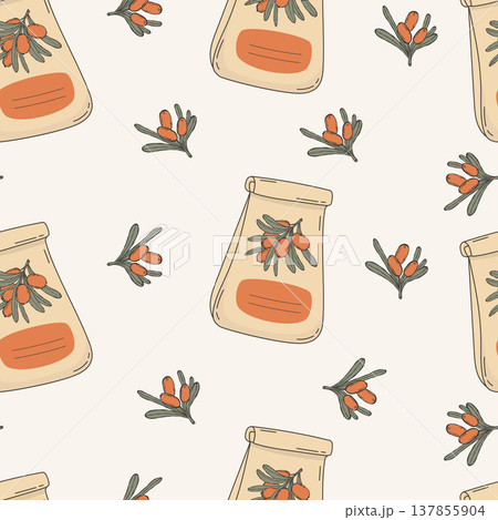 Sea Buckthorn Paper Bag Seamless Pattern. Craft Sack with Berry Branch and Leaf on White Background. Vector Illustration. Square Template. Organic Food Packaging Textile Wallpaper Design. Sea Buckthorn Paper Bag Seamless Pattern. Craft Sack with Berry Branch and Leaf on White Background. Vector Illustration. Square Template. Organic Food Packaging Textile Wallpaper Design. 137855904