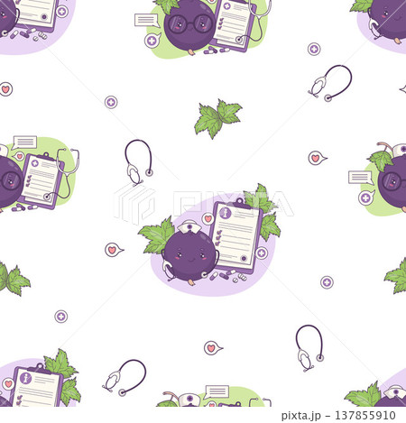 Cute Kawaii Nurse Blackcurrant Seamless Pattern. Berry Cartoon Mascot Medical Character with Stethoscope, Recipe and Vitamins on White Background with Currant Leaves. Vector Square illustration Cute Kawaii Nurse Blackcurrant Seamless Pattern. Berry Cartoon Mascot Medical Character with Stethoscope, Recipe and Vitamins on White Background with Currant Leaves. Vector Square illustration 137855910