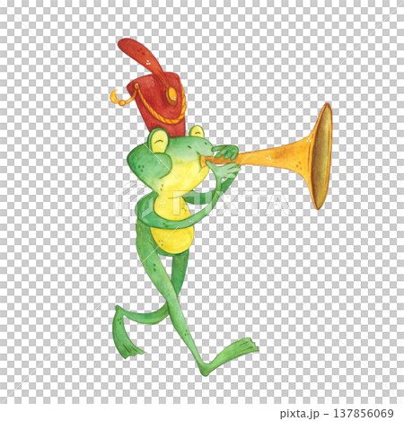 A frog playing a trumpet in a red ceremonial hat. Hand-drawn watercolor illustration, cartoon. Design for stickers, cards, and posters. Animals, amphibians, music, musical instrument 137856069
