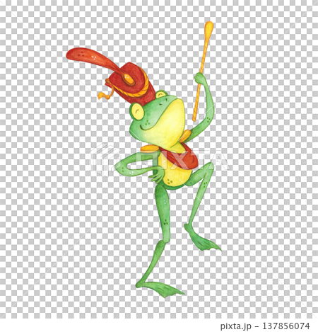 A frog conductor wearing a red ceremonial hat and ribbon. Hand-drawn watercolor illustration, cartoon. Design for stickers, cards, and posters. Animals, amphibians, music, musical instrument A frog conductor wearing a red ceremonial hat and ribbon. Hand-drawn watercolor illustration, cartoon. Design for stickers, cards, and posters. Animals, amphibians, music, musical instrument 137856074