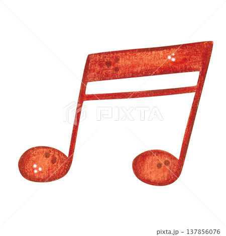 Red musical note, sixteenth note. Hand-drawn watercolor illustration, cartoon. Design for stickers, cards, posters. Music, musical instrument 137856076