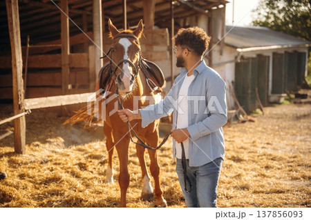 Leading the animal. Guy is with horse on the farm 137856093