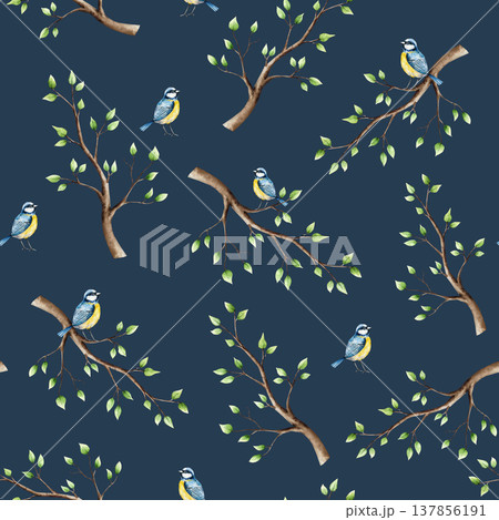 Spring seamless patterns with branch, leaves and blue tit perche. Watercolor titmouse, easter hand drawn illustration isolated on background, transparent png. Botanical and wedding clip art. For Spring seamless patterns with branch, leaves and blue tit perche. Watercolor titmouse, easter hand drawn illustration isolated on background, transparent png. Botanical and wedding clip art. For 137856191