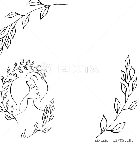 Vector Elegant female face with delicate brunch and leaves template. Hand painted linear contour frame, postcard, flower. Graphic clipart isolated. Botanical, tattoo and wedding illustration. For 137856196