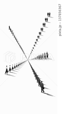 Business crowd splitting into multiple directions at intersection symbolizing choice decision and strategy. 137856367