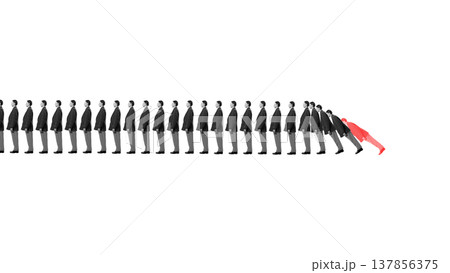 Crowd of identical people in line with one highlighted red person breaking conformity and system. 137856375