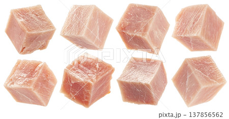 Smoked ham cubes isolated on white background with clipping path, full depth of field Smoked ham cubes isolated on white background with clipping path, full depth of field 137856562