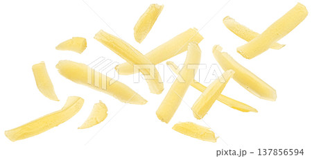 Falling grated cheese close up isolated on white background with clipping path, full depth of field Falling grated cheese close up isolated on white background with clipping path, full depth of field 137856594