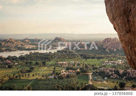 View of mountains and Tungabhadra river in Hampi, India 137856808