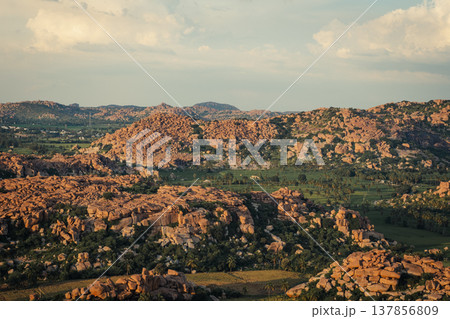 View of mountains and Tungabhadra river in Hampi, India View of mountains and Tungabhadra river in Hampi, India 137856809