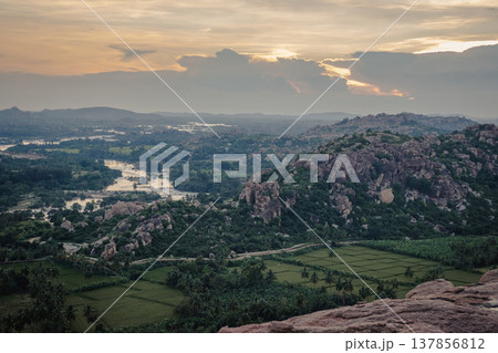 View of mountains and Tungabhadra river in Hampi, India 137856812
