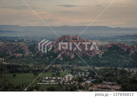View of mountains and Tungabhadra river in Hampi, India 137856813